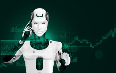 Robot trading on stock market. Artificial intelligence of forex broker with analyzing business charts with investment financial data. Computer software of trade on stock exchange. Cyborg trader.